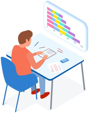 Çalışanlar istatistiksel göstergeleri, iş verilerini analiz ederler. Karakterler pazarlama araştırmalarıyla çalışır