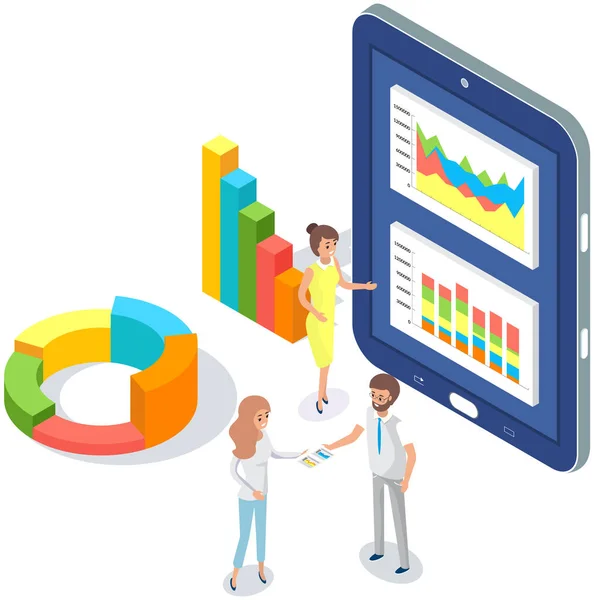 Az alkalmazottak statisztikai mutatókat, üzleti adatokat elemeznek. Karakterek dolgoznak marketing kutatás — Stock Vector