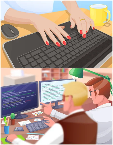 Zakelijke scènes met programmeurs schrijven programmacode, discussiemensen, handen typen op toetsenbord — Stockvector