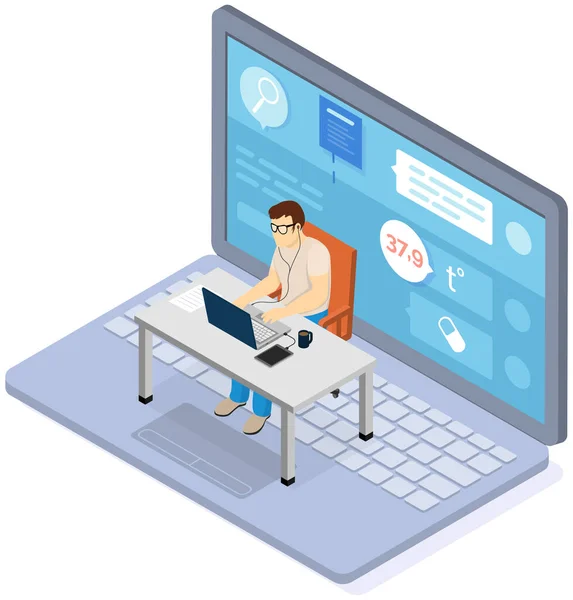 オンライン医療アプリケーションで作業しているコンピュータとテーブルに座ってオフィスワーカー男性キャラクター — ストックベクタ