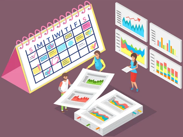 Die Menschen analysieren das Erfolgsdiagramm von Unternehmen. Männer stehen neben Kalendern mit Zielen — Stockvektor