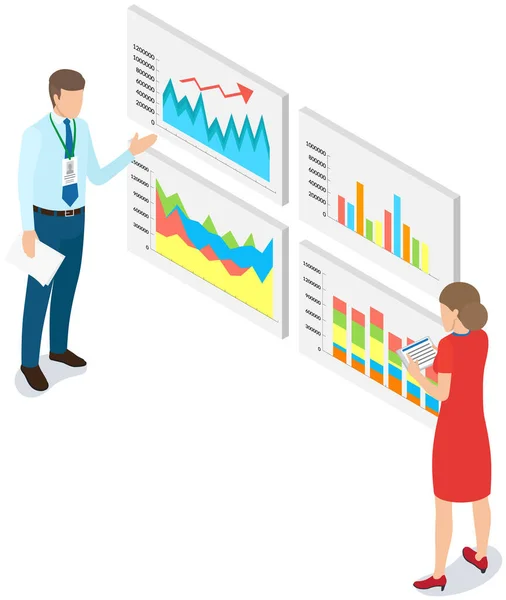 Çalışanlar istatistiksel göstergeleri, iş verilerini analiz ederler. Karakterler pazarlama araştırmalarıyla çalışır — Stok Vektör