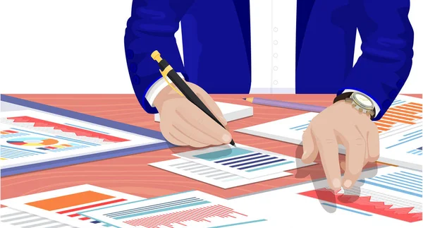 Zakenman werkt met documenten aan tafel en tekent contract met zakenpartners — Stockvector