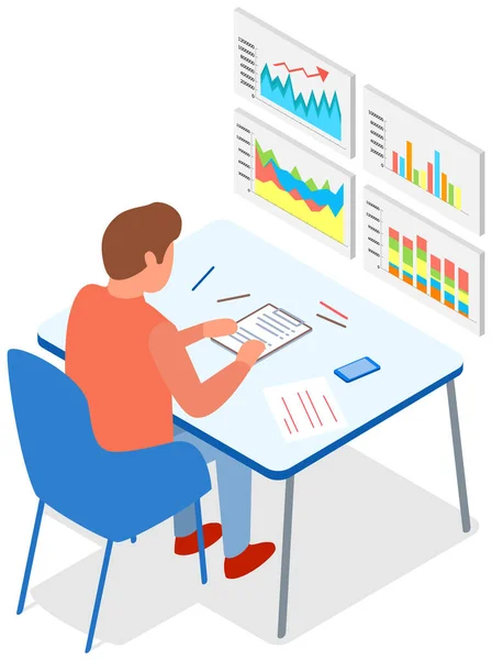 Los empleados analizan indicadores estadísticos, datos empresariales. Los personajes trabajan con la investigación de marketing — Archivo Imágenes Vectoriales