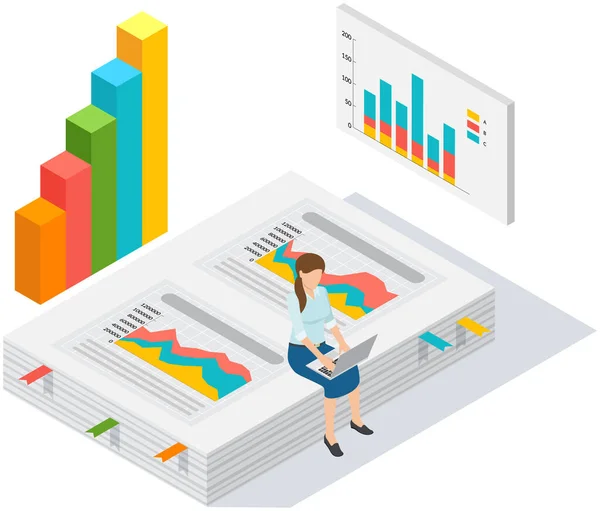 Medewerkers analyseren statistische indicatoren, bedrijfsgegevens. Karakters werken met marketingonderzoek — Stockvector