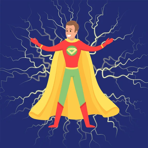 Brave superhero smiles, has superpowers and stands against dark background with lightning — Stockový vektor