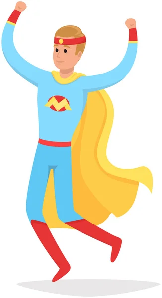 Silný super muž se usmívá a letí zachránit svět. Statečná postava v kostýmu superhrdiny s červeným pláštěm — Stockový vektor