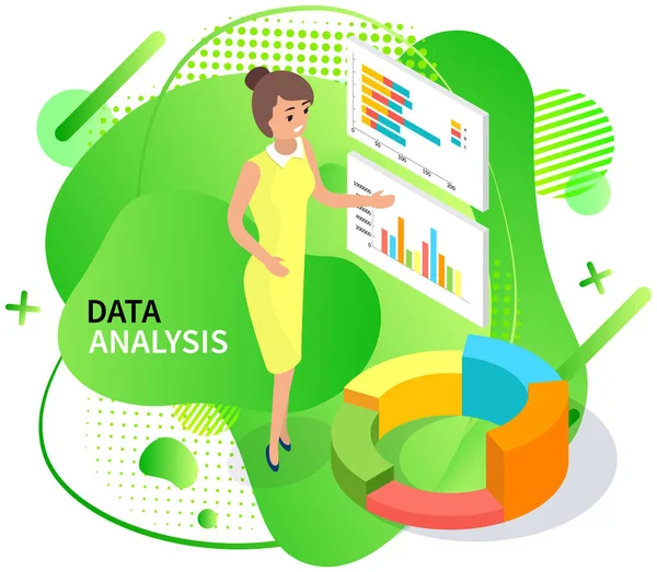 Os funcionários analisam indicadores estatísticos, dados de negócios. Trabalhos de personagens com pesquisa de marketing — Vetor de Stock