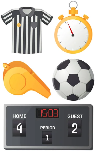 Voetbal en Voetbal concept met platte pictogrammen Scheidsrechter, bal, stopwatch en fluitsignaal geïsoleerde vector — Stockvector