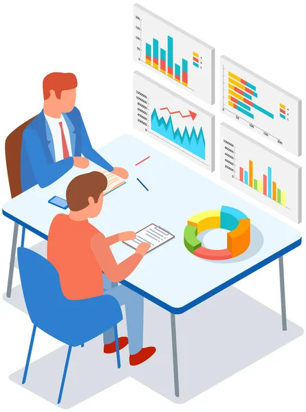 Zaměstnanci analyzují statistické ukazatele, obchodní data. Charakteristika práce s marketingovým výzkumem — Stockový vektor