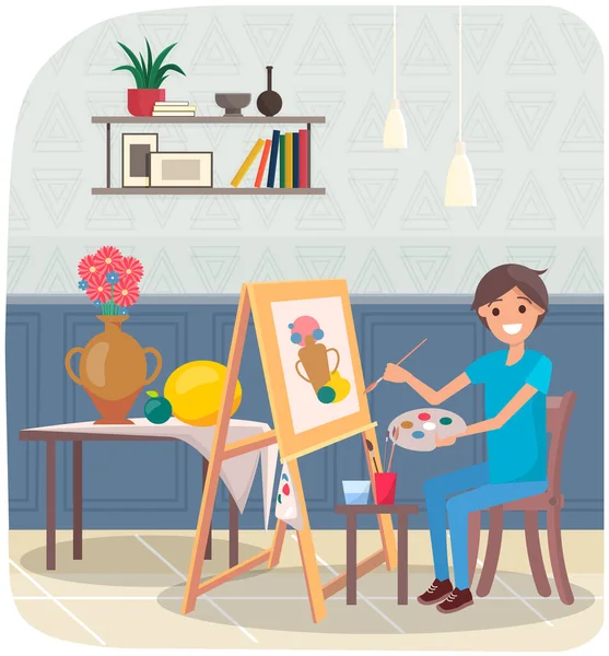 Guy engaged in creativity creates still life picture. Man drawing vase and fruits on canvas — Stock Vector