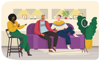 Kadın gazetecilere röportaj veren karakterler. Radyo istasyonunun konuklarıyla canlı yayındayız.