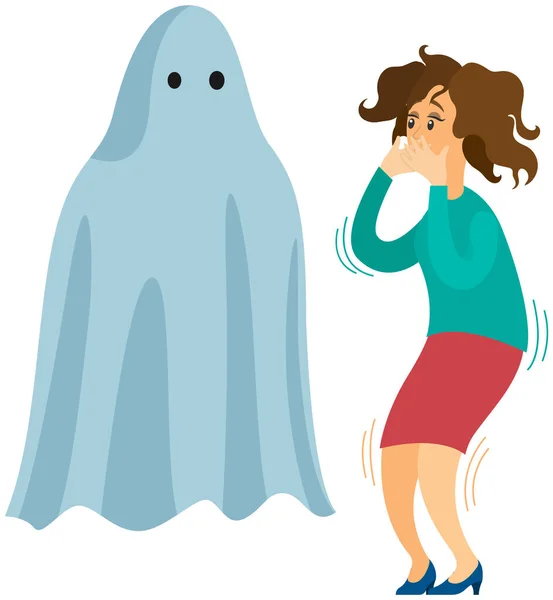 Τρομαγμένος γυναικείος χαρακτήρας κοιτάζει ιπτάμενο φάντασμα σε λευκό σεντόνι. Γυναίκα φοβάται το φάντασμα — Διανυσματικό Αρχείο