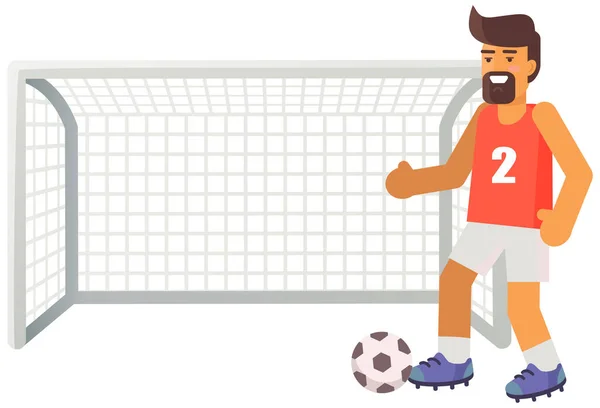 Jugador de fútbol con pelota. Entrenador de fútbol cerca de puertas con red en el campo de juego aislado en blanco — Vector de stock