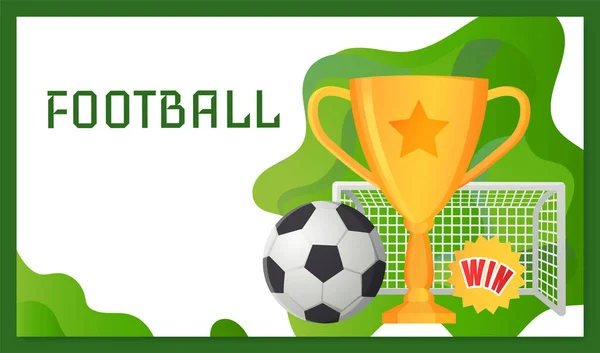Χρυσό κύπελλο κοντά ποδόσφαιρο μπάλα αφίσα του αθλητισμού ανταγωνισμού παιχνίδι, κύπελλο πρωτάθλημα πρότυπο banner — Διανυσματικό Αρχείο