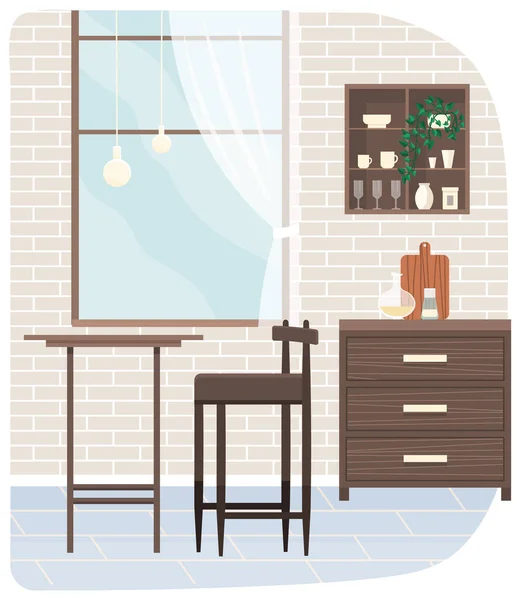 Disposición de mobiliario en cocina moderna. Interior de la habitación con mesa de madera, silla y decoraciones — Archivo Imágenes Vectoriales