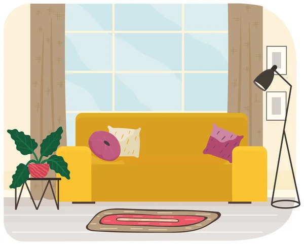 Sala de estar design de interiores com sofá amarelo, planta e lâmpada de assoalho para relaxar e podcasting —  Vetores de Stock