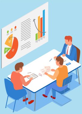 Çalışanlar istatistiksel göstergeleri, iş verilerini analiz ederler. Karakterler pazarlama araştırmalarıyla çalışır