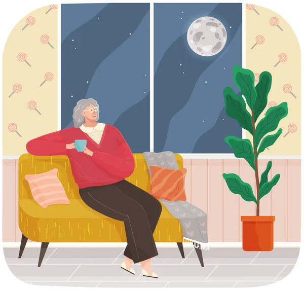 Доросла жінка сидить на дивані вдома п'є каву, відпочиваючи після роботи, думаючи про щось — стоковий вектор