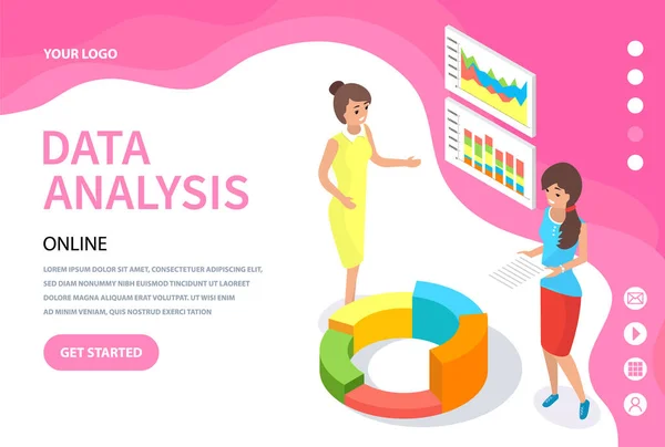 Los empleados analizan indicadores estadísticos, datos empresariales. Los personajes trabajan con la investigación de marketing — Archivo Imágenes Vectoriales
