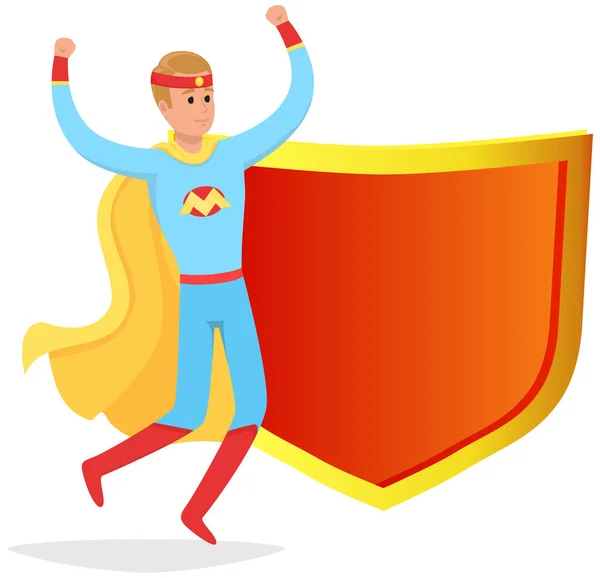 Superman cartoon man in superhero costume stands near red magic shield on white background — Stockový vektor