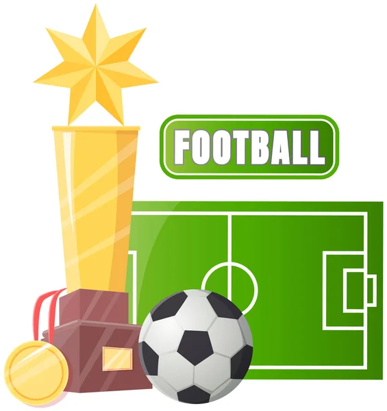 Золотий кубок біля футбольного м'яча плакат спортивних ігор змагань, шаблон банерного кубка чемпіонату — стоковий вектор