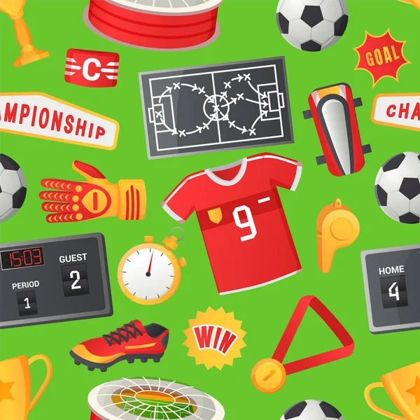 Voetbal naadloos patroon, sport voetbal vector banner. Uniform en prijzen geïsoleerd, teamkampioenschap — Stockvector