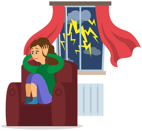 Menina estressada cobre os ouvidos com as mãos sentadas em casa, enquanto chove fora da janela com trovoada —  Vetores de Stock