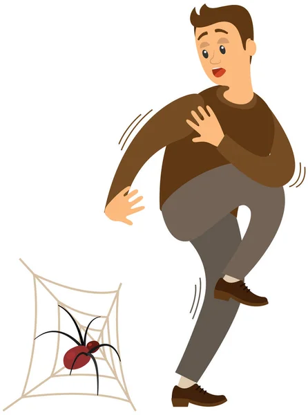 L'uomo soffre di paura dei grandi ragni, di aracnofobia. La persona ha paura degli insetti sulla ragnatela — Vettoriale Stock