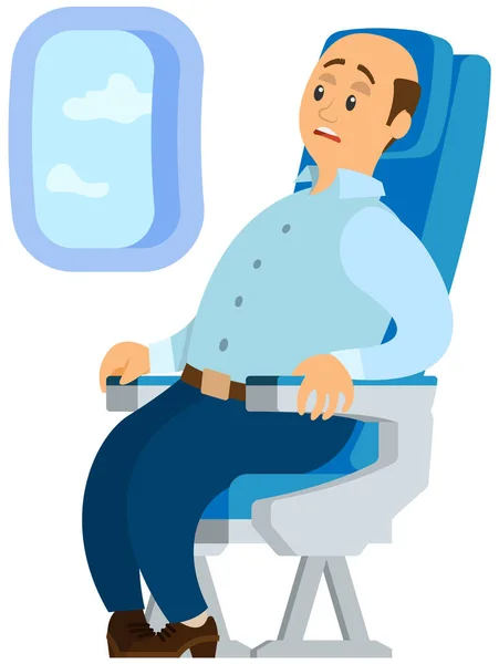 Terrified airplane passenger shocked by turbulent area. Man in airplane frightened by flight — Stock Vector