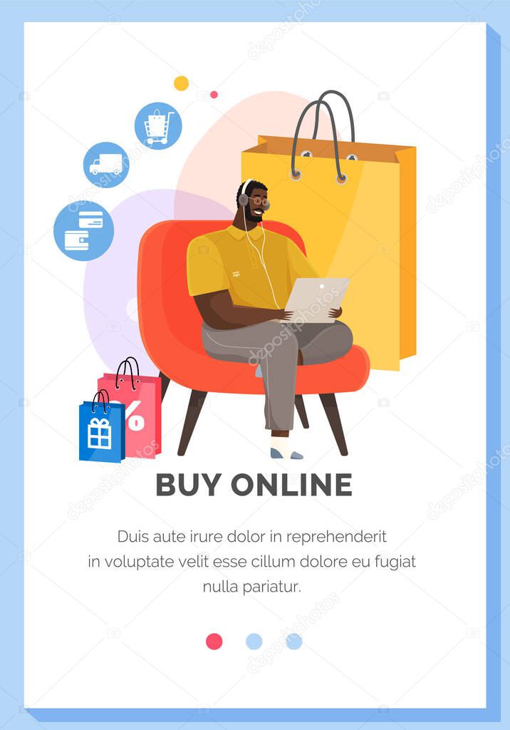 Website for online shopping landing page tamplate. Man with laptop buys goods via Internet