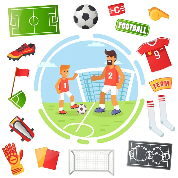 Family father and son playing football. Professional adult soccer player and little boy fan — Stock Vector