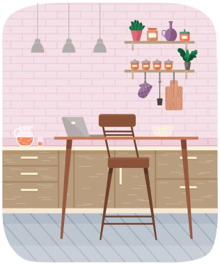 Mutfaktaki iş yerinde dizüstü bilgisayarı ve sandalyesi olan bir masa. İş için mobilya düzenleme