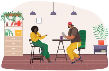 Çalışanlar iş yerinde tatilde iletişim kurarlar. İş arkadaşları iş yerinde iletişim kuruyor.