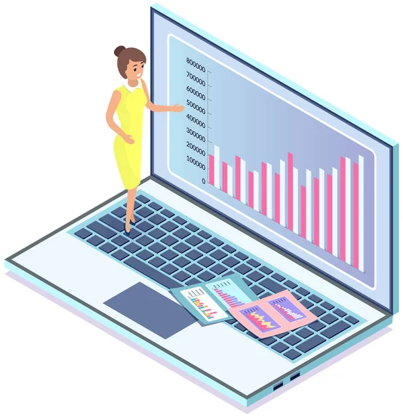 Los empleados analizan indicadores estadísticos, datos empresariales. Los personajes trabajan con la investigación de marketing — Vector de stock