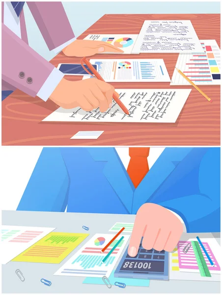 Employees analyze statistical indicators, business data. Characters work with marketing research — Stock Vector