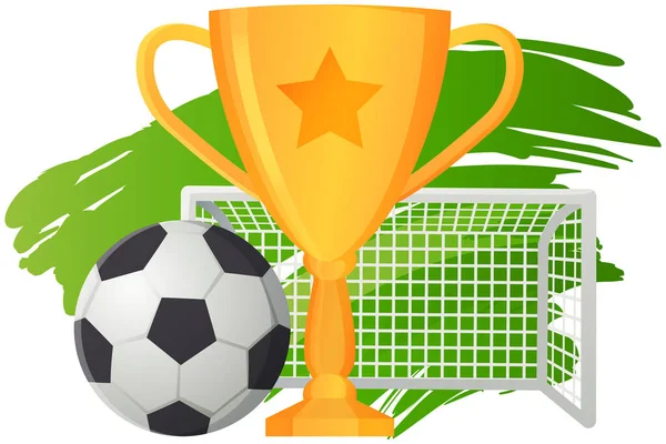 Gouden beker in de buurt van voetbal bal poster van sport wedstrijd, kampioenschap beker banner sjabloon — Stockvector