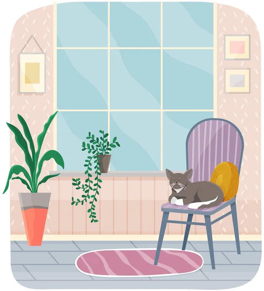 Gato en silla, alfombra a rayas y gran ventana en apartamento. Salón interior con muebles — Vector de stock