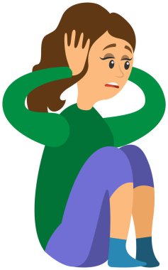 Hanımefendi korkudan tir tir titriyor ve oturuyor. Korkmuş genç bir kadın kulak tıkamış dinlememek için.