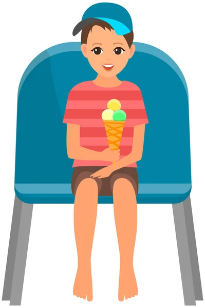 Little boy with ice cream sitting on chair and watching show. Guy spectator eating on viewer place — Archivo Imágenes Vectoriales