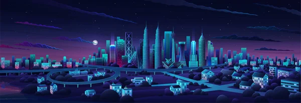 Panorama cityscape of middle Kuala Lumpur. Famous buildings and landmarks included Malaysia. City center night time — Vector de stock