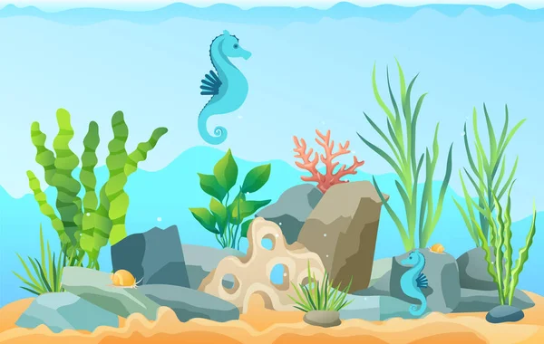 Ocean bottom, seabed with marine plants and animals. Underwater world with sea horses and seaweed — 스톡 벡터