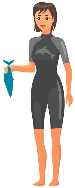 Trainer in wetsuit holds fish to feed marine animal. Worker of dolphinarium in waterproof clothing — Stockvektor