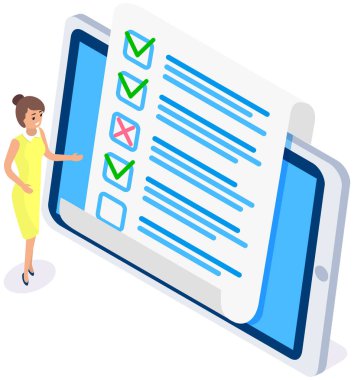 Tablet ekranında çevrimiçi form araştırması. Kadın boş görünüyor. Listedeki cevapları düşünen kız