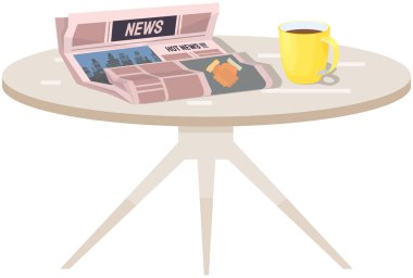 Gazete yayını, sabah raporu. Yayıncılık makalesi, gazete kahve fincanının yanındaki masada.