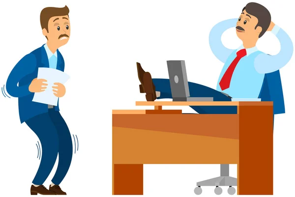 Az irodai dolgozó fél a főnöktől. Stressz a munkahelyen. Az alárendelt fél jelentést tenni a főnöknek. — Stock Vector