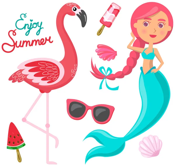 Enjoy summer banner with beautiful mermaid and pink flamingo. Ice cream, sunglasses and seashells — стоковый вектор