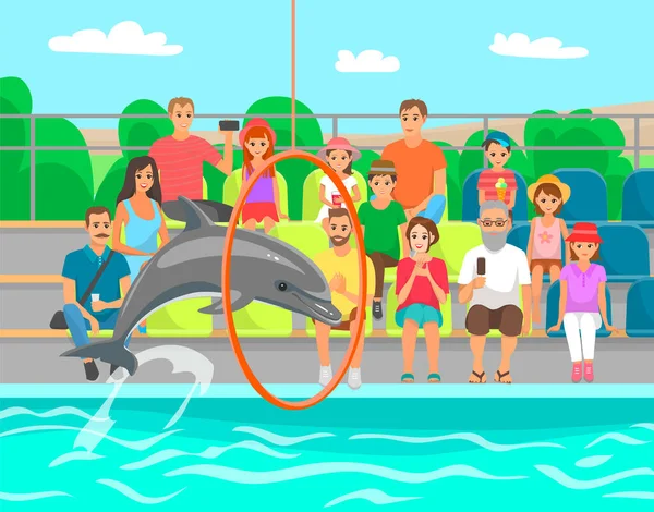 Dolphin está mostrando truco, saltando a través del aro, actuando en el delfinario para los espectadores — Vector de stock