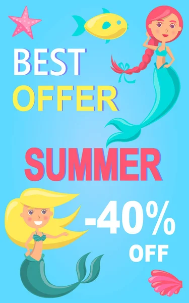 Venta de verano con sirena en el mar. Banner publicitario con vida submarina. Afiche de cierre estacional — Archivo Imágenes Vectoriales
