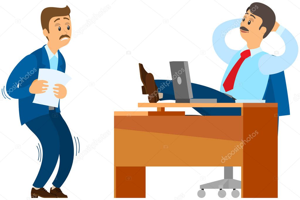 Office worker is afraid of boss. Stress at work. Subordinate is afraid to submit report to chief